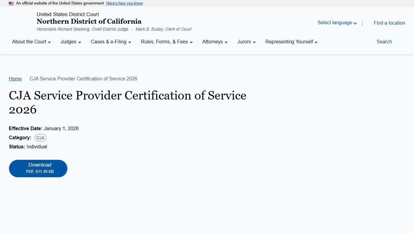 CJA Service Provider Certification of Service 2026 Northern District of California United States District Court
