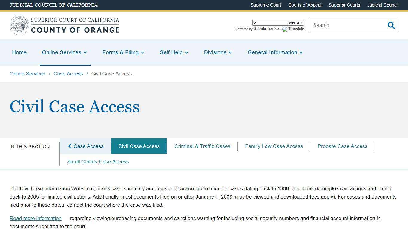 Civil Case Access Superior Court of California County of Orange